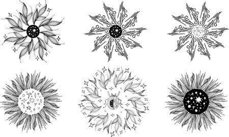 Vector set of Sacred celestial and natural mandala on white background. Abstract mystic signs collection. Black linear mandala. Magic objects made in linear style. For you design or modern magic craftのイラスト素材