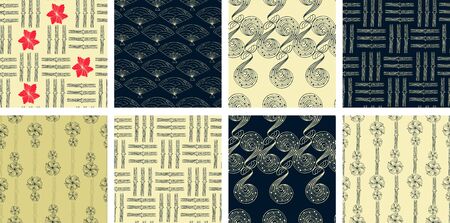 Set of japanese seamless pattern with fan, bamboo, flower, wave in linear style. Editable vector illustration. Summer vector japanese illustration for fabric, wrapping paper, wallpaper, feminine design
のイラスト素材