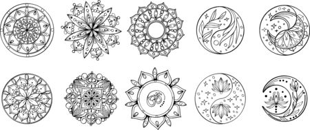 Set of hand drawing mandalas.Hand drawn mandala with moon, yin yang, om symbol in vector.  Perfect set for surface of design, textiles, posters, tattoos in indian yoga styleのイラスト素材