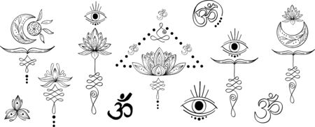 Linear black set of abstract yoga symbol with moon, unalome, eye, lotus, om, triskel. Indian outline yoga illustration. Vector mandala clipart for card, print, packing, poster, tattoo in yoga styleのイラスト素材