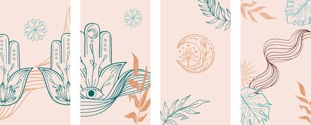 Beige and green Social Media Stories Layout Set. Abstract hand drawn set of linear template in yoga style for womenly profile, social media, mobile app. Abstract trendy yoga stories hamsa, om, moonのイラスト素材