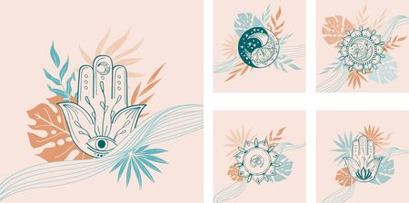 Set of abstract linear pre-made composition with yoga symbol, hamsa, mandala, om, tropical leaf in beige, green, terracotta color. Vector trendy illustartion for invitation, card in indian yoga styleのイラスト素材