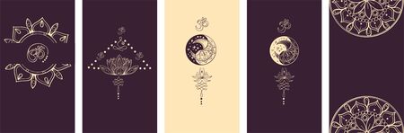 Modern Social Media Stories Layout Set. Abstract hand drawn set of linear template in yoga style for womenly profile, social media, mobile app. Abstract trendy yoga stories hamsa, om, moonのイラスト素材