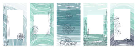 Abstract vector template with jellyfish, seaweed. Mint green and light blue fill with brush strokes. Marine vector design and illustration for social media, banner. Summer abstract texture design for background.のイラスト素材