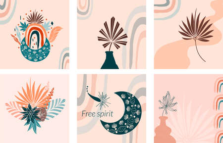 Set of boho background in earthy tone, terracotta color. Collage of boho drawing with leaf, moon, flower, rainbow. Minimalist modern abstract template for print, poster, invitation in bohemian styleのイラスト素材
