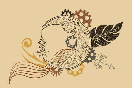 Steampunk composition in brown, yellow color. Vector linear drawing with moon, gear, arrow, feather. Modern industrial template for stationery, t-shirt design, packing. Collage in style steampunkのイラスト素材
