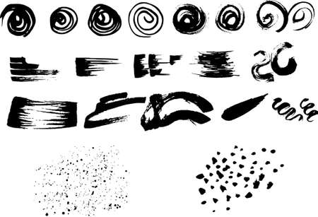 Monochrome abstract vector grunge texture. Set of black hand drawn paint brush stroke and stain. Distressed textured ink illustration isolated on white background. Wavy brush strokes vector collectionのイラスト素材