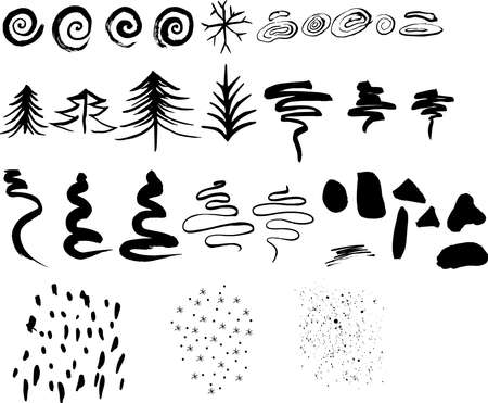 Monochrome winter abstract vector grunge texture. Set of black hand drawn paint brush stroke, stain. Distressed textured ink illustration on white background. Wavy brush stroke vector collectionのイラスト素材