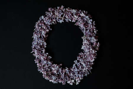 lilac alphabet flower O letter isolated on black backgroundの写真素材