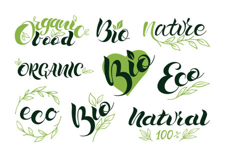 Set of vegan, eco, bio, organic, fresh, healthy, 100 percent, natural icons. Logo lettering. Vector illustration EPS 10.のイラスト素材