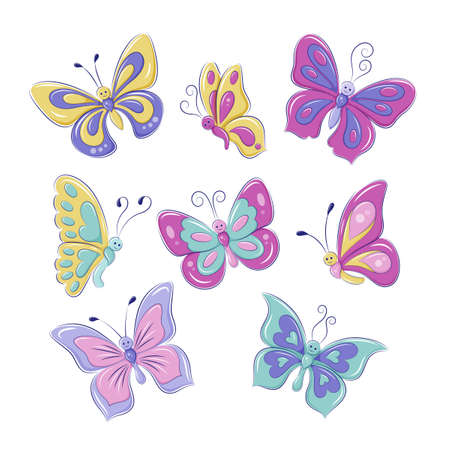 Set cute colorful butterflies in cartoon style. Illustrations for children. EPS10 vector graphics.のイラスト素材