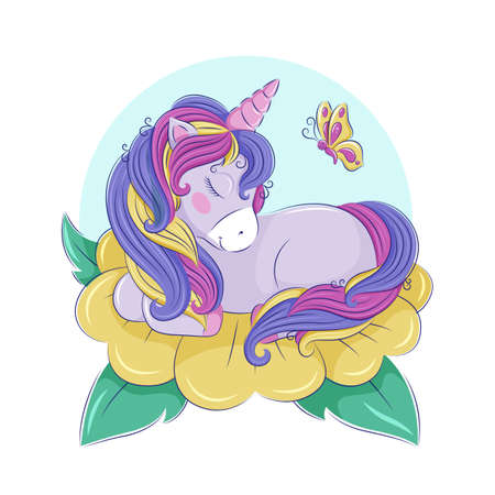 A cute rainbow unicorn is sleeping on a yellow flower, a butterfly is flying nearby. Childrens illustration, print, postcard, poster. Vector graphics of EPS10.のイラスト素材