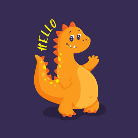 Cute orange dinosaur waving its paw. Hello lettering. Print on clothes, dishes, textiles. Vector illustration EPS10.のイラスト素材
