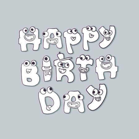 cute vector ink monsters doodle happy birthday sign isolated on whiteの写真素材