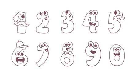 Cute doodle monsters vector numbers set. Vector cute numbers from 0 to 9. Set of cartoon numbers in doodle style design. Collection of numerals for kids learning counting or mathematics.のイラスト素材