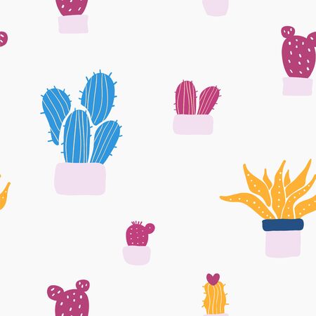 Succulents and cacti plants in colorful pattern with hand drawn doodle cartoon cactus.のイラスト素材