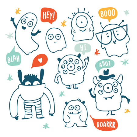 Set of cute cartoon monsters and ghosts characters doodles colorful vector illustrationsのイラスト素材