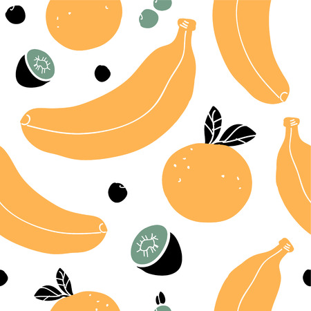 Hand drawn seamless pattern with tropical fruits - bananas, oranges and kiwiのイラスト素材