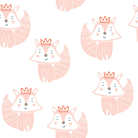 Cute little fox seamless pattern. Cute baby fox character in the crown doodleのイラスト素材