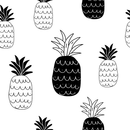 black and white abstract pineapples seamless pattern. Black and white stylish tropical doodle vector patternのイラスト素材
