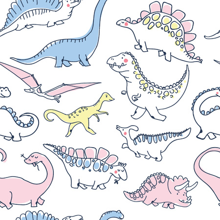 Cute dinosaurs seamless pattern. Funny cartoon dino. Hand drawn vector doodle design for girls, kids. Hand drawn children's illustration for fashion clothes, shirt, fabricのイラスト素材