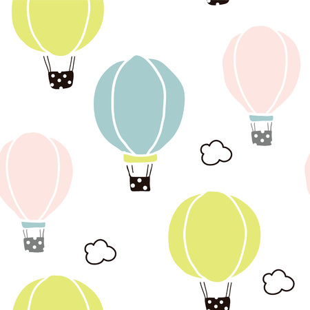 Seamless pattern with hot air balloons and clouds in pastel colours.のイラスト素材