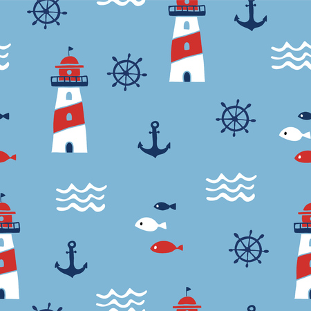 Seamless pattern with nautical design elements: anchor, lighthouse, waves.のイラスト素材