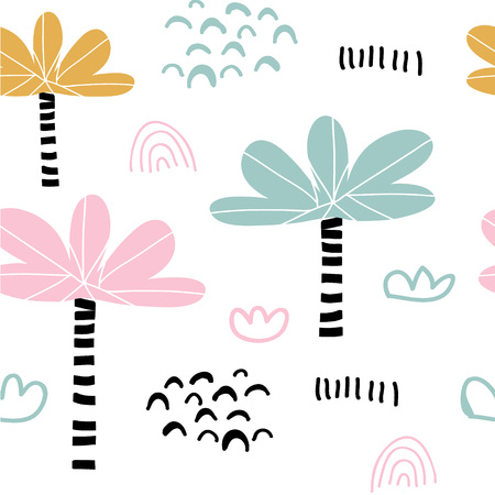 Kids hand drawn tropical seamless pattern with palms. Summer background.のイラスト素材