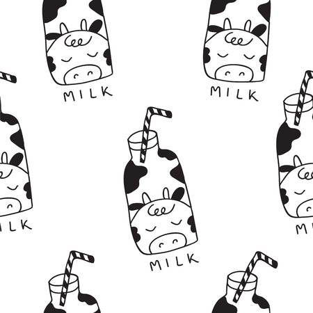 Kids hand drawn seamless pattern with bottles of milk with the cow character.のイラスト素材