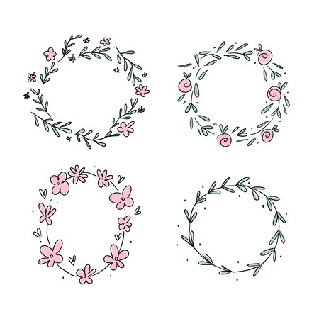 Hand drawn wreath collection with decorative flowers in scandinavian style.のイラスト素材
