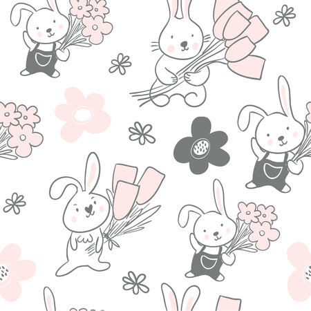 Seamless pattern with cute bunnies with flowers bouquets in scandinavian style.のイラスト素材