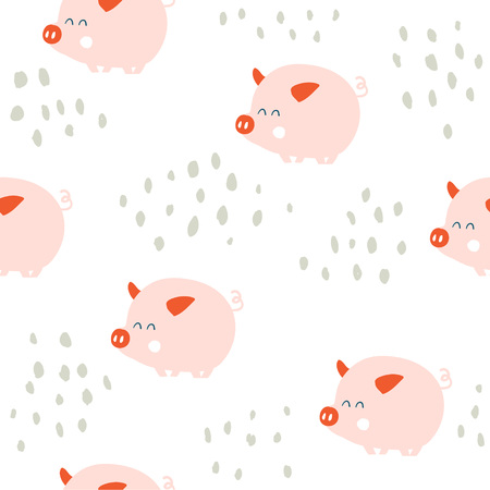 Cute pigs characters pink seamless pattern. Pig character doodle background in scandinavian style.のイラスト素材