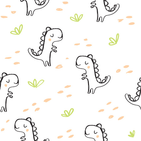 Cute dinoasaur and doodles. Funny cartoon dino seamless pattern. Hand drawn vector doodle design for girls, boys, kids. Hand drawn children's pattern for fashion clothes, shirt, fabricのイラスト素材