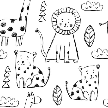 Seamless childish pattern with cute animals in black and white style. Creative scandinavian kids texture for fabric, wrapping, textile, wallpaper, apparel. Vector illustrationのイラスト素材