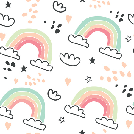 Childish seamless pattern with hot air ballon in the sky. Cute cartoon background. Perfect for fabric, textile, wrapping.Vector Illustrationのイラスト素材