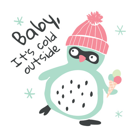 Hand drawn penguin with lettering and icecream illustration vector. Trendy scandinavian vector illustration. Perfect for kids apparel,fabric, textile, nursery decoration,wrapping paperのイラスト素材