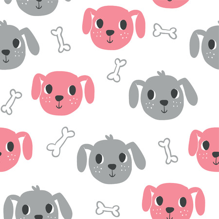Cute dogs characters seamless pattern. Dog character doodle background in scandinavian style. Perfect for kids fabric, textile, nursery wallpaper. Vector Illustration. Pastel colorsのイラスト素材
