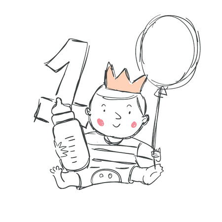 Cute baby or toddler in crown sitting with bottle of milk, balloon and number one vector illustration . Baby shower illustration for the postcard, tshirt or posterのイラスト素材
