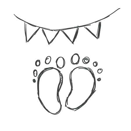 Little baby foot prints with party decor. Cute hand drawn baby shower illustration for the postcard, tshirt or poster on whiteのイラスト素材