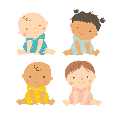 Baby vector. Multi-ethnic set of cute babies sitting. Toddler girls and boys. Cartoon vector hand drawn illustration isolated on white background.のイラスト素材