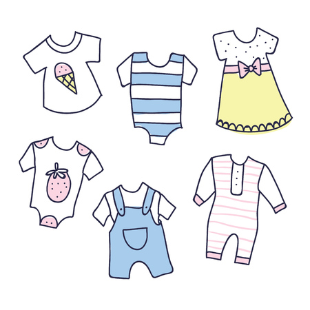 Background, texture, wallpaper with children cartoon doodle clothing. Baby shower illustration of baby girl and boy clothes. Newborn baby vector collection. baby careのイラスト素材