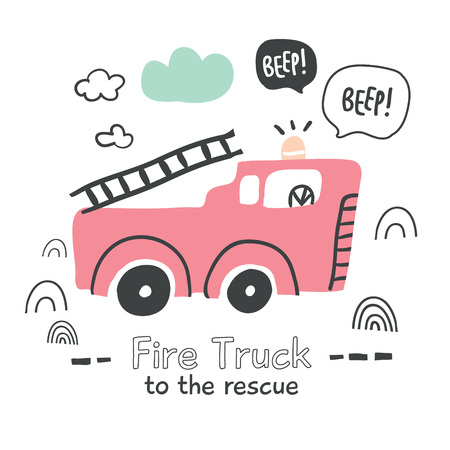 Hand drawn fire truck illustration in scandinavian style isolated on white. Perfect for t-shirt...