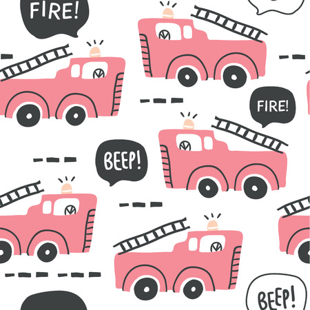 Hand drawn seamless pattern with fire trucks in scandinavian style isolated on white. Perfect for t-shirt print design and textileのイラスト素材