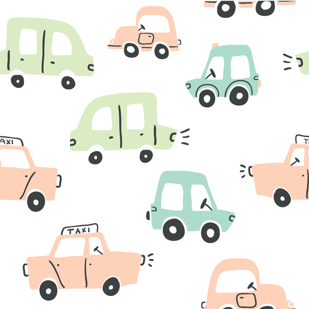 Seamless pattern with hand drawn cute car. Perfect for kids fabric,textile,nursery wallpaper.のイラスト素材