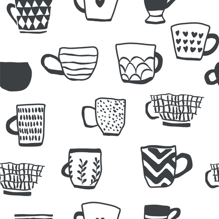 seamless pattern with cups of coffee illustrations on white background. Autumn and winter mood. Home decorations isolated on white background. Scandinavian styleのイラスト素材