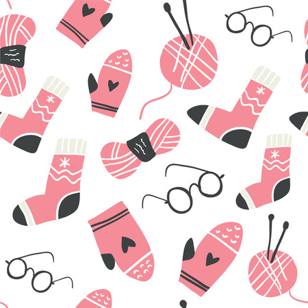 Winter knitted clothes and knitting tools seamless pattern - woolen socks, mittens, needles, hook, yarn, eyeglasses. Scandinavian christmas seamless patternのイラスト素材