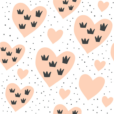 Vector seamless pattern with hearts and crowns on white background. Valentines day pattern. Cute girly pattern - perfect for textile, fabrics, children clothing. Scandinavian style - Vectorのイラスト素材