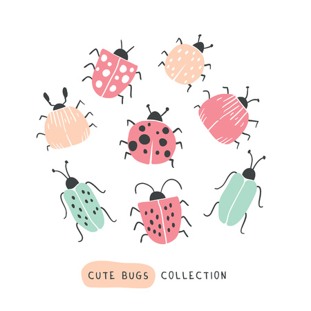 Big colorful hand drawn doodle set with colorful bugs. Insects collection in handdrawn style. Isolated on white. Stylish scandinavian style illustration perfect for textile - Vectorのイラスト素材