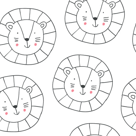 Childish seamless pattern with hand drawn lions. Trendy scandinavian vector background. Perfect for kids apparel,fabric, textile, nursery decoration,wrapping paper - Vectorのイラスト素材