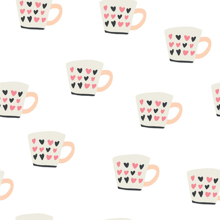 seamless pattern with cups of coffee illustrations on white background. Autumn and winter mood. Home decorations isolated on white background. Scandinavian styleのイラスト素材